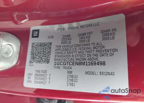 2021 Chevrolet Colorado 4Wd Short Box Lt z USA, uszkodzony, nr VIN 1GCGTCEN8M1169498